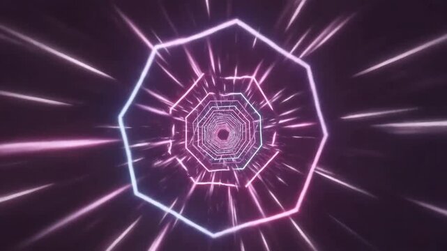 Neon octagon shapes create a geometric tunnel with bright light effects.
