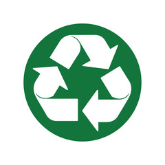 Obraz premium A prominent white recycling symbol with three chasing arrows on a solid green circular background, representing environmental sustainability and waste reduction.