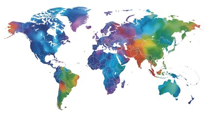 Fototapeta premium Abstract Watercolor World Map with Vibrant Colors - Global Connectivity & Diversity
