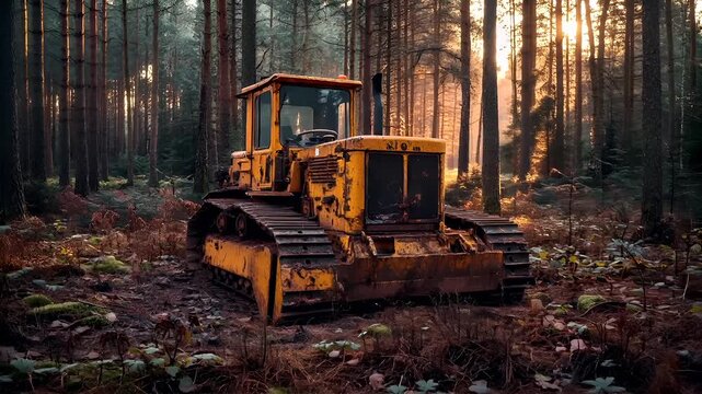 Deforestation. Environment conservation. Ecosystem. A rusted yellow bulldozer in a forest during what appears to be the golden hour. The bulldozer is in a state of disrepair.