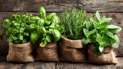 Four burlap bags filled with fresh herbs sit on a rustic wooden surface in a kitchen. The fragrant plants include basil, cilantro, rosemary, and mint, adding vibrant colors and aromas.