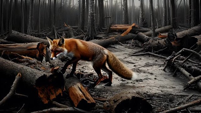 Deforestation. Environment conservation. Ecosystem. A vivid portrayal of a red fox in a forest setting. The fox is captured in a side profile, with its head turned slightly to the left.