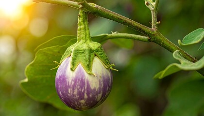 Close-up of a vibrant, ripe, round fruit with purple and white streaks, hanging from a green stem in a sunlit garden