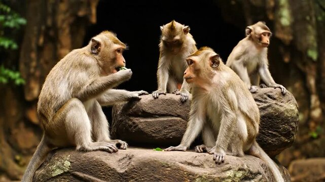 Three monkeys sit on rocks near a dark opening, one offering a green leaf