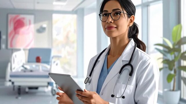 Young female doctor in a modern hospital hallway holding a tablet and smiling.