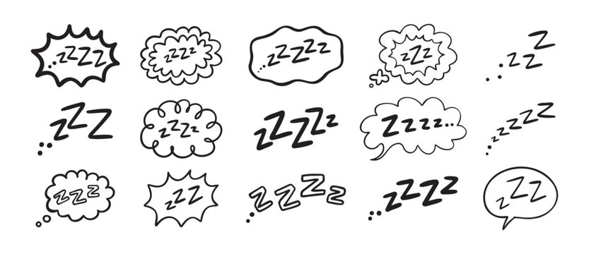 Zzz Zzzz bed sleep snore sound bubble set, snooze nap Z sound icon cloud set. Sleepy Zzz doodle hand drawn line icons