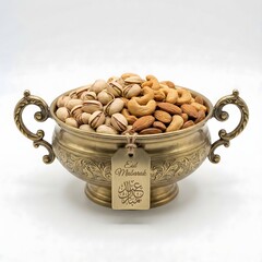 Luxury Eid Al-Fitr Snack Serving with Arabic Calligraphy Greeting Label on White