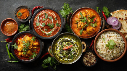 Authentic Indian Cuisine Feast Featuring Butter Chicken Palak Paneer Spicy Curry Basmati Rice Naan Bread And Aromatic Spices On A Dark Stone Table Top View For Restaurant Menu And Food Photography