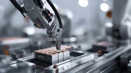 Advanced Industrial Robotic Arm Working On Automated Production Line For Lithium Ion Battery Assembly In Modern Factory Facility Using High Precision Technology For Renewable Energy Storage Solutions