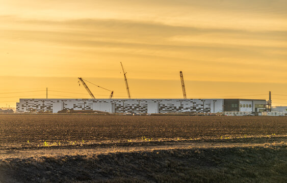 Hutto, TX - 31 December 2025: Sunset view of construction of new Skybox Power Campus data colocation center in North Austin Texas