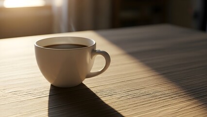A white coffee cup on a wooden surface, captured in natural light, showcasing a calm and minimalist aesthetic in a still life photography