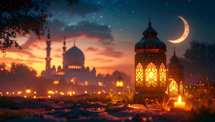 Islamic Lanterns and Mosque Silhouette at Sunset with Crescent Moon and Starry Sky