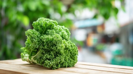 A lush bunch of kale sits on a wooden table surrounded by blurred market colors. The scene is alive with greenery, showcasing fresh produce in a lively atmosphere.