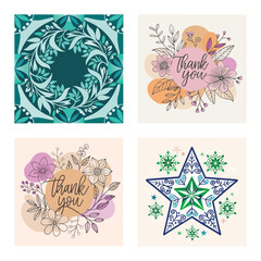 Set of Decorative Floral Wreath, Hand-Drawn Thank You Greeting Cards with Flowers, and Ornate Green Christmas Star Motif Illustrations