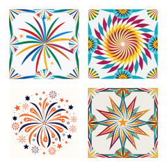 Festive Celebration Fireworks Display with Vibrant Colourful Starburst Patterns and Abstract Geometric Mandala Art Collage Set