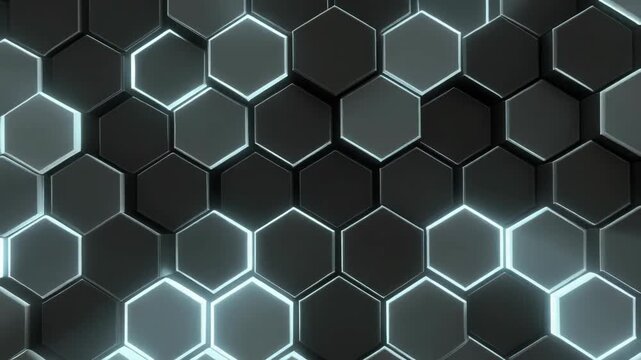 Abstract Hexagonal Pattern with Glowing Edges in Dark Tones. 4K Abstract Background Animation Video