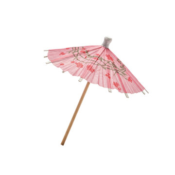 highly detailed macro product photograph of a miniature, tilted pastel pink cocktail parasol with a subtle red floral print, transparent studio background. concept for tropical refreshment
