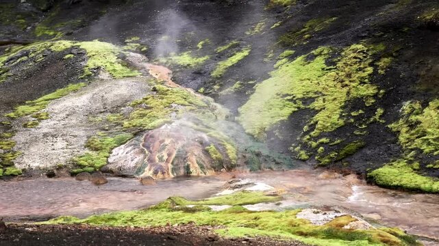 Aerial View of Steaming Geohermal Stream and Vibrant reen Moss