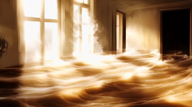 Natural disaster. Devastating loss aftermath scene. A surrealistic depiction of a room with a window and a sea of water. The room is bathed in a warm, golden light.
