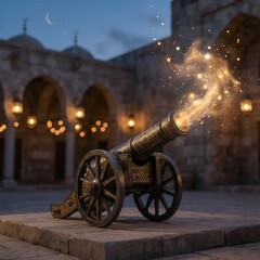 Traditional Ramadan Cannon Firing Magical Golden Sparkles at Sunset in Mosque Courtyard
