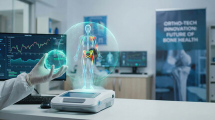 Digital diagnosis holographic human anatomy display modern medical lab showing skeletal joint