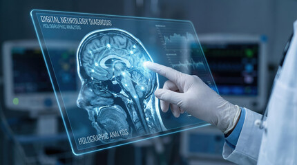 Digital neurology diagnosis holographic brain scan showing neural network and analysis