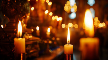 Burning candles with warm light in a dimly lit space creating a serene atmosphere
