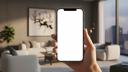 Hand holding mobile phone with blank white screen mockup for app design and website presentation in luxury modern home living room background with city view, smart technology idea.
