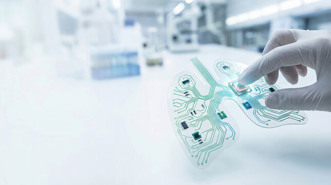 Digital diagnosis of flexible lung circuit sensor being tested in sterile lab with gloved hand