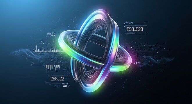 Neon glowing rings with data visualization elements, futuristic tech background for website or presentation, overlay effect, 3D render Isolated on transparent background, png