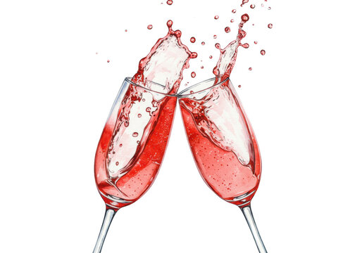 Two elegant crystal flutes clinking a dynamic toast, splashing vibrant salmon pink ros&eacute; sparkling wine, rendered in loose, expressive watercolor on white, concept of festive luxury and celebration