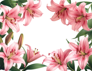Beautiful pink lily flowers creating a frame on a transparent background, perfect for 