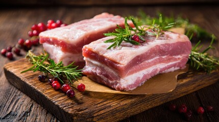 Fototapeta premium Raw pork belly is displayed on a wooden cutting board, garnished with fresh herbs and red berries, highlighting ingredients for a flavorful dish or recipe.