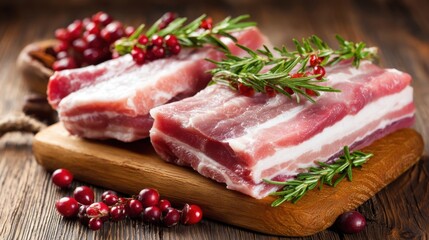 Fototapeta premium Brightly colored pieces of fresh pork belly are displayed on a wooden cutting board. They are garnished with cranberries and sprigs of herbs, creating a rustic kitchen vibe.