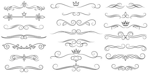 A collection of elegant black line art designs featuring floral patterns, crowns, and swirling motifs on a white background. © Rahed Ul Islam