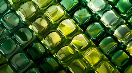 Geometric arrangement of green glass bottles in diagonal pattern for artistic design