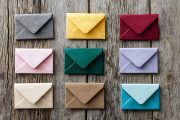 Colorful textured envelopes arranged on rustic wooden surface