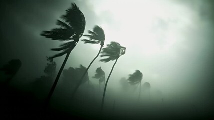 Natural disaster. Devastating loss aftermath scene. palm trees in a misty, monochromatic environment with a greenish hue, creating a serene and tranquil atmosphere.
