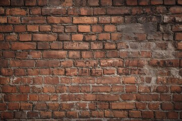 Obraz premium Aged red brick wall with patchy mortar and graffiti marks