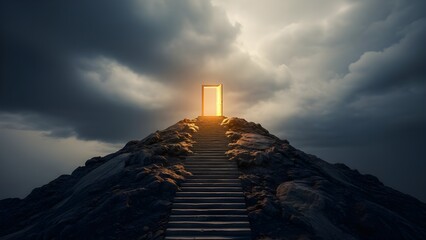 Stone Stairway to Glowing Door on Dark Hill &ndash; Spiritual Awakening, Hope and Enlightenment Concept, with Copy Space, Generative AI