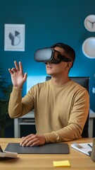 Young professional man working from home using VR glasses for a virtual meeting, minimalist work desk, modern environment, high-tech photography.