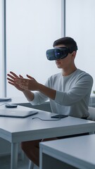 Young professional man working from home using VR glasses for a virtual meeting, minimalist work desk, modern environment, high-tech photography.
