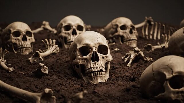 Numerous skulls and bones unearthed from dark, rich soil