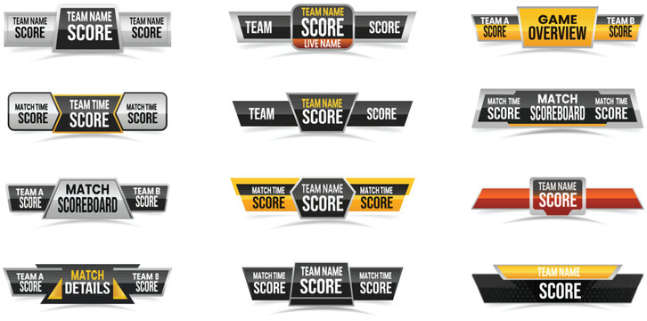 A collection of modern scoreboard labels and banners for sports and games