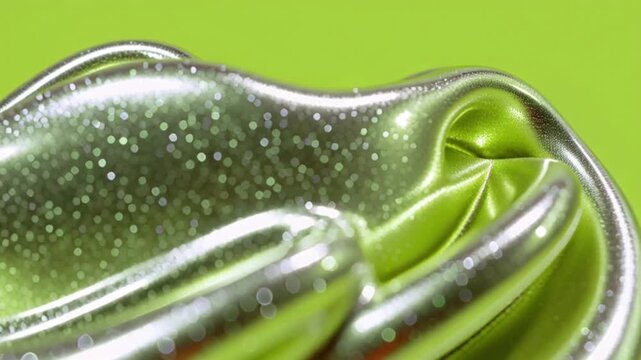 Abstract green and silver waves with a shiny, reflective surface.