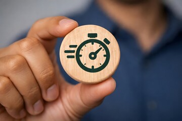 Time management concept, Businessman holding circular wooden blocks with clock icon, Work planning for increases efficiency and reduces work time. Business project planning.