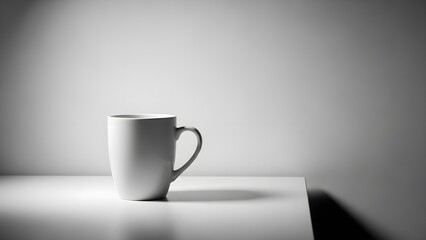 A white mug placed on a white tabletop against a gray wall in a balanced composition