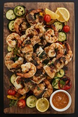 Appetizing Seafood Dish with Dipping Sauce and Fresh Garnishes