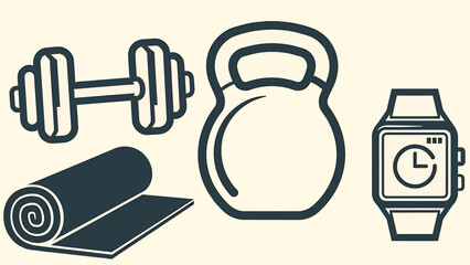 Dynamic collection of gym and workout equipment line art vector icons for active lifestyle and fitness promotion stock illustrations