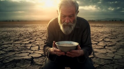 Drought natural disaster. A man with a beard holds a bowl of grains against a backdrop of a sunset over a barren landscape.
